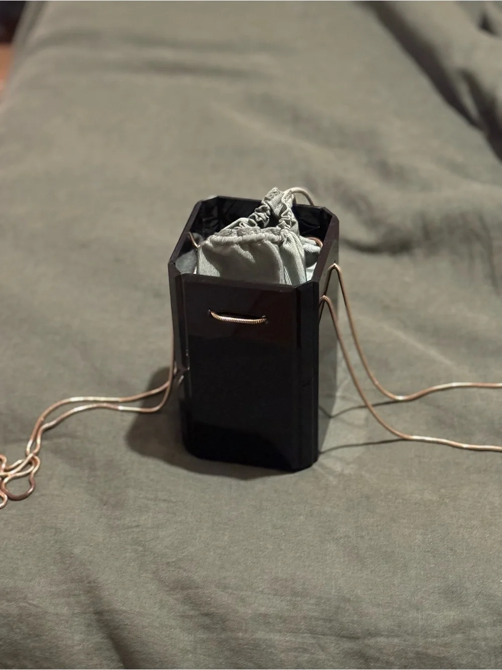 Zara Black Glossy Box Shoulder Bag with Olive Drawstring